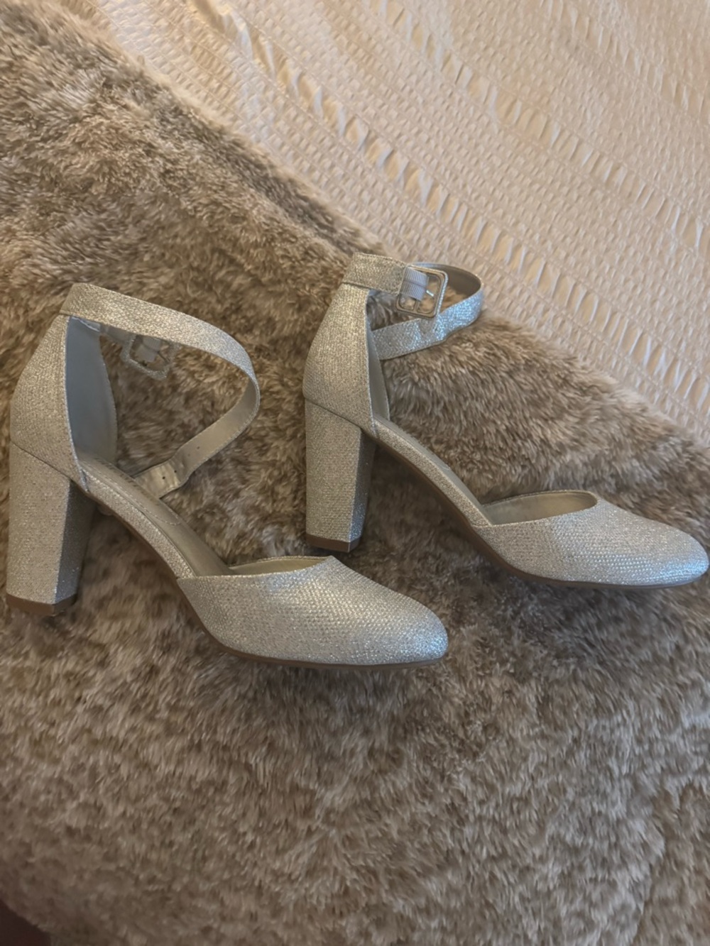 Silver Ankle-Strap Block Heel Pumps